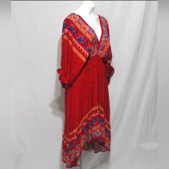 Umgee Boho Floral Hi-Low Maxi Dress L Plunging V-Neck V-back Flowy Festival Chic - Picture 8 of 14